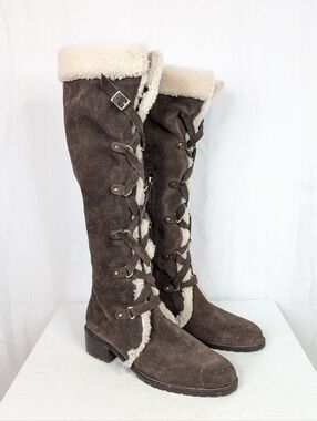 Delman Real Fur Leather Lace Up Tall Brown Riding Boots - Size 8